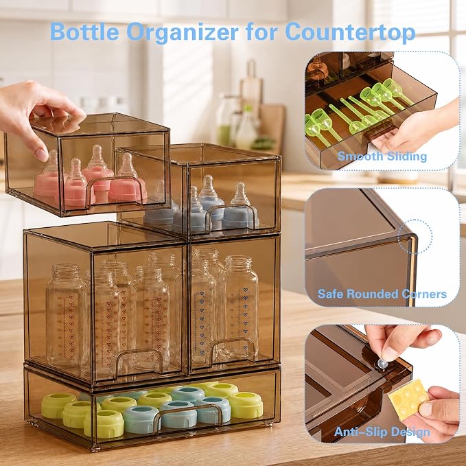 Baby Bottle Organizer, 5 Pack Tea Brown Acrylic Stackable Storage Drawers, Baby Bottle Storage Organizer for Countertop, Nursery, Vanity & Cabinet