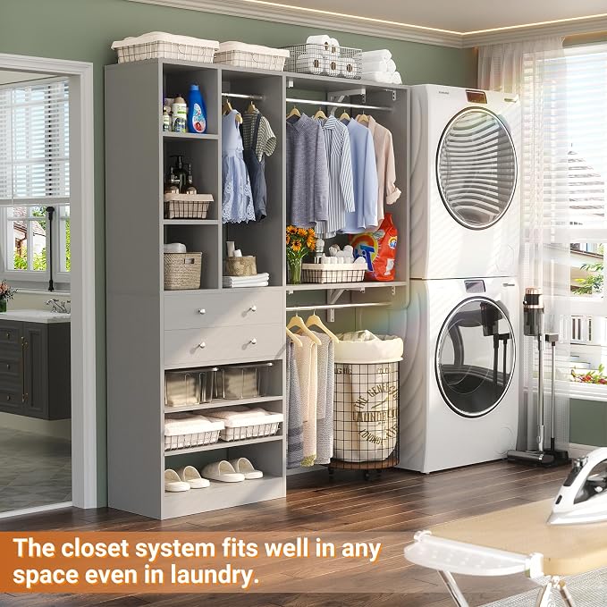 Besiost Closet System - 5FT Small Closet System with Drawers, 60" Closet Organizer System with Reversible Hanging Shelving, Closet Systems for Small/Walk-in Closets, Morandi Grey