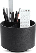 Round Leather Art Supply Organizer,Remote Control Holder,360 Degree Spinning,Multi-Functional Pencil Holder,4 Compartments Desktop Stationary Organizer(1-Lichee Black)