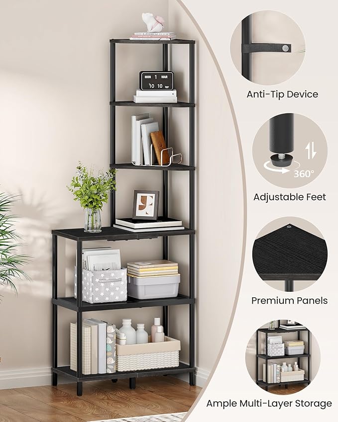 CHOEZON 6-Tier Corner Shelf, Industrial Corner Bookshelf with Desk Top, Diamond-Shaped Storage Shelves, Display Stand for Small Spaces, Living Room, Home Office, Foyer, Black TCJ70BB