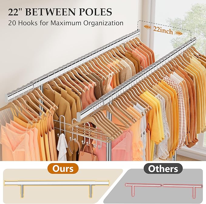 Gewudraw Clothes Rack Heavy Duty Load 900 Lbs With Wheels,Commercial,Chrome | Double Rod Rolling Clothing Rack, Adjustable | Portable | Collapsible, Hooks,Shelf,Garment Rack for Wardrobe,Bedroom,Silver