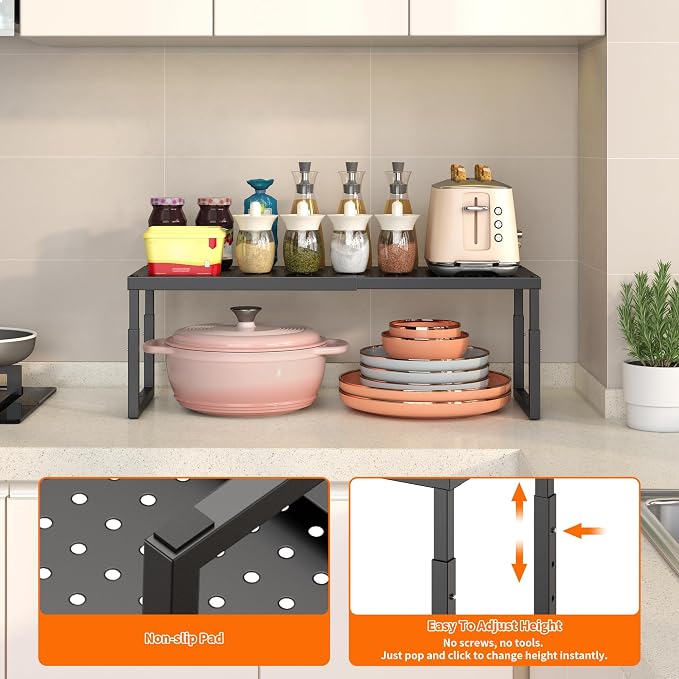RUILALIFE Expandable-Stackable-Shelf-Organizer-For-Cabinet Pantry Closet,Kitchen Counter Shelf With Adjustable Height, Metal Storage Shelf Riser Spice Rack For Cupboard Countertop