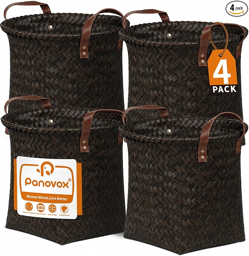 Hand Woven Baskets for Storage, 4Pcs Water-Resistant Wicker Baskets, Dark Gold Wicker Storage Baskets for Shelves, Large Basket with Handle for Organizing, Closet, Laundry, Blanket - Round