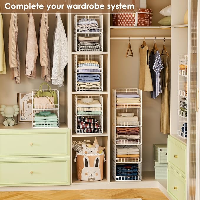 5-Tier Stackable Closet Organizers and Storage Baskets, Closet Shelf Organizer, Space-Saving closet organizer system, Foldable Clothes Storage Bins for Closet Organizer System, White(Patent 30022416)