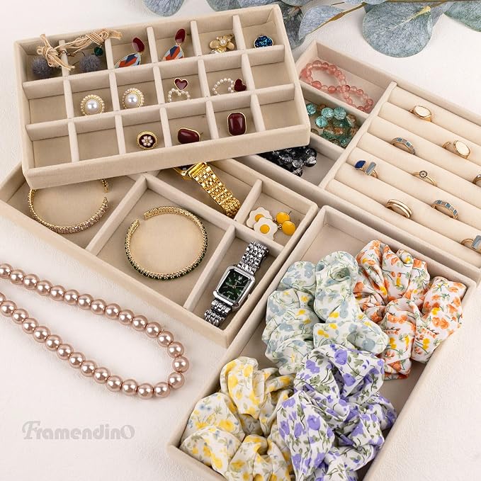 Framendino, 4 Pack Beige Velvet Jewelry Trays Stackable Organizer Drawer Inserts Container Display Case for Earrings Bracelets Necklace