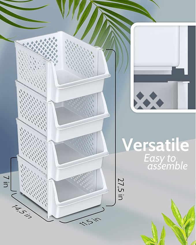 TidyFriend Stackable Storage Bins for Pantry - 8 Pack Stackable Bins for Organizing Food, Kitchen, and Bathroom Essentials (White)