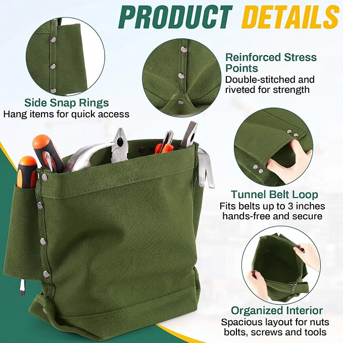 2 Pcs Tool Pouches 5" x 10" x 9", Small Tool Bags Tunnel Connection Utility Pouches for Nuts & Bolts, Double Reinforced Bottom with Belt Strap Connect & Bull Pin Loops for Outdoor Work