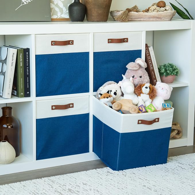 OrganiHaus 13x13 Cube Storage Bins, Set of 4 - Fabric Storage Cubes | Sturdy, holds its shape; odor-free; fits IKEA Kallax and Expedit; vegan leather handles