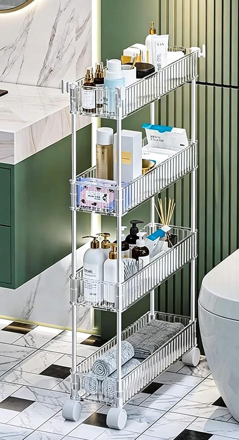 4-Tier Plastic Rolling Utility Cart with Wheels, Multifunctional Storage Organizer Cart for Home, Office, Kitchen & Bathroom, Ultra Narrow & Clear, 4.7”W * 12.8”L * 33”H
