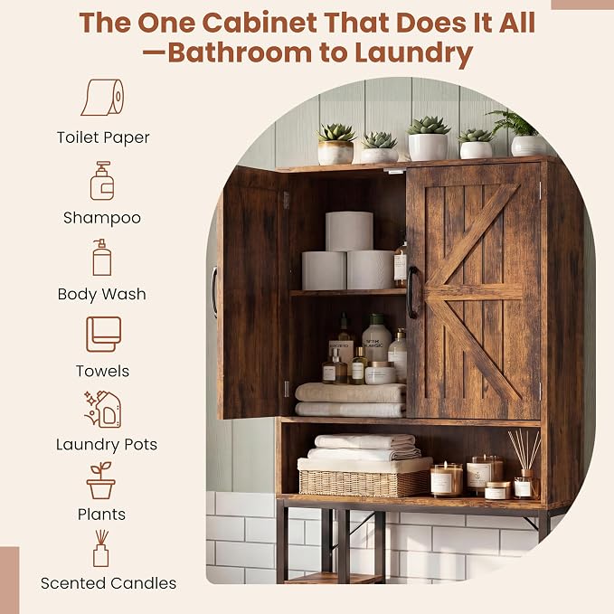 31" Over The Toilet Storage Cabinet with Barn Door,Bathroom Organizers and Storage with Adjustable Shelves, Farmhouse Over Toilet Organizer for Bathroom,Restroom,Laundry,Brown