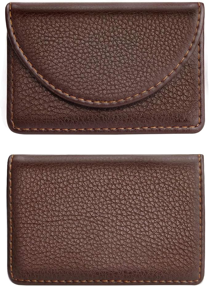 Cofee Leather Business Card Holder Case for Men or Women Pocket Business Card Wallet Name Card Case Holder with Magnetic Shut, Holds 25 Business Cards, Coffee