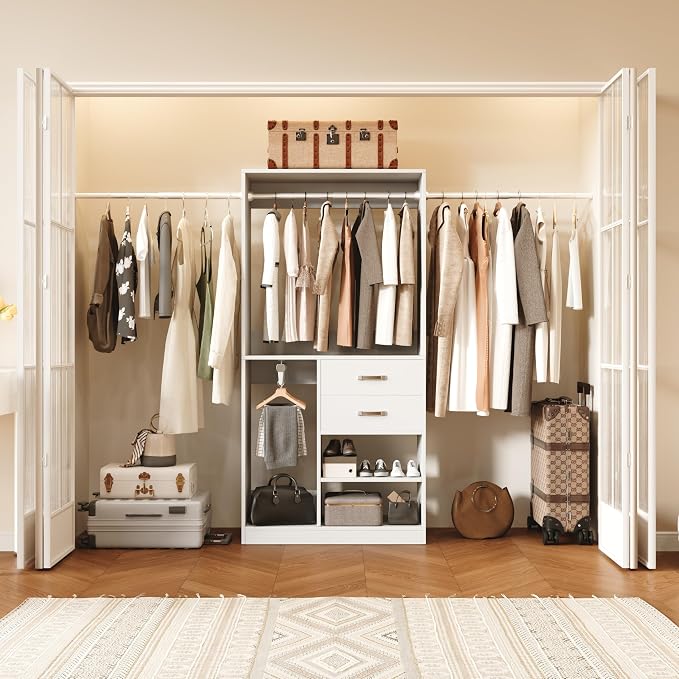 39.4"-118" Extra Wide Closet System with 2 Expandable Rods, Walk-in Closet Organizer with 2 Drawers and Retractable Hidden Rod, Modern Wood Built-in Closet Kit for Long Coats & Dresses, White