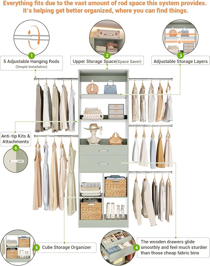 Small Closet System, 3.2-6.8FT Small Closet Organizer with 2 Wooden Drawers & 5 Hanging Rods, Can Fit 37.5 to 81.9 inch Walk-in Closet System, Built-in, Crab Green, Enclosed Storage Volume 2.32 ft³