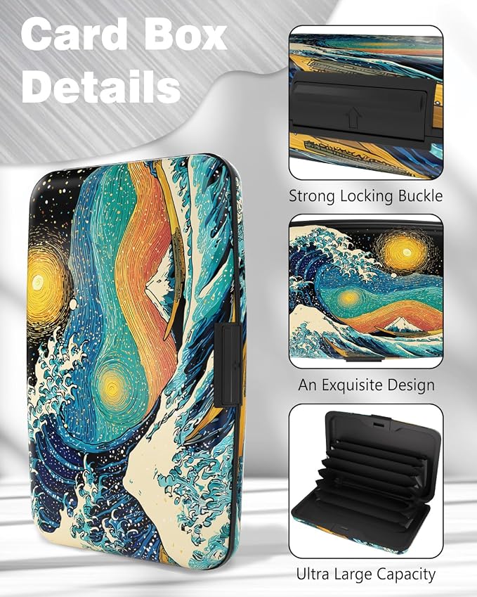 Maicican Credit Card Holder, Mini RFID Blocking Aluminum Wallet | Slim Metal Hard Case Travel Wallet ID Case for Women and Men, 4.3 x 2.9 Inches, Giant Waves