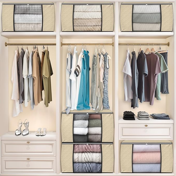 Fab totes 24 Gallons Clothes Storage, Foldable Thick Fabric Blanket Storage Bags, Containers for Organizing Bedroom, Closet, Clothing, Comforter, Organization with Handle (8 Pack,Beige)