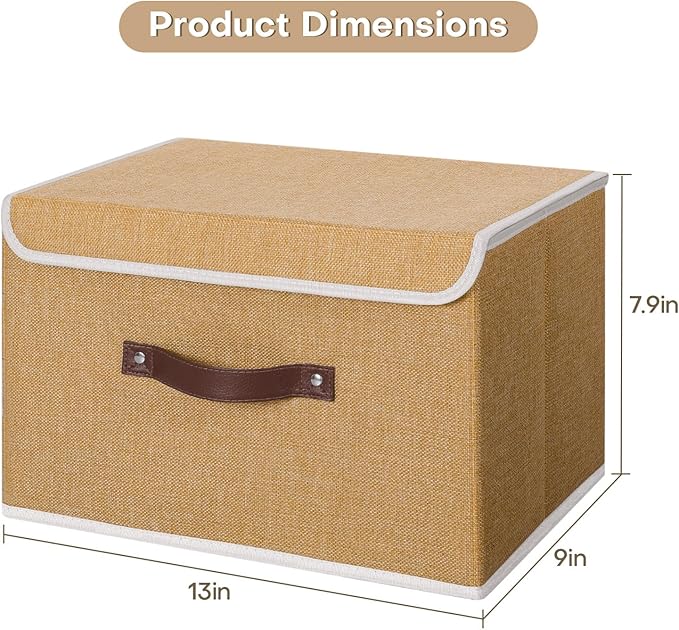 ANMINY 4PCS Storage Bin with Lid Storage Boxes with PU Leather Handles PP Plastic Board Decorative Foldable Lidded Cotton Linen Fabric Home Cubes Baskets Closet Organizer Container - Khaki, Medium