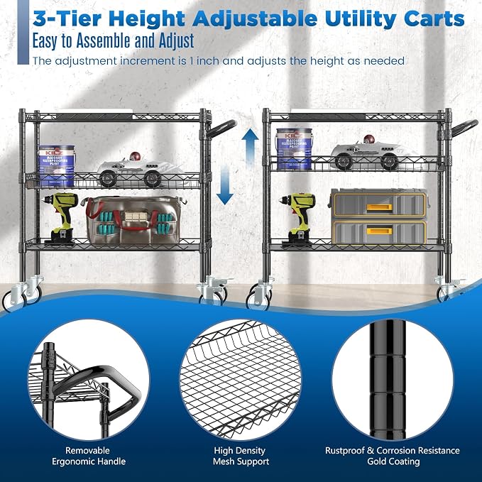 Leteuke 3 Tier Rolling Carts with Wheels, Heavy Duty Rolling Utility Cart | NSF Commercial Grade Metal Cart with Handle&Shelf Liner,Trolley Serving Cart for Kitchen,Restaurant,Plant Display,Black