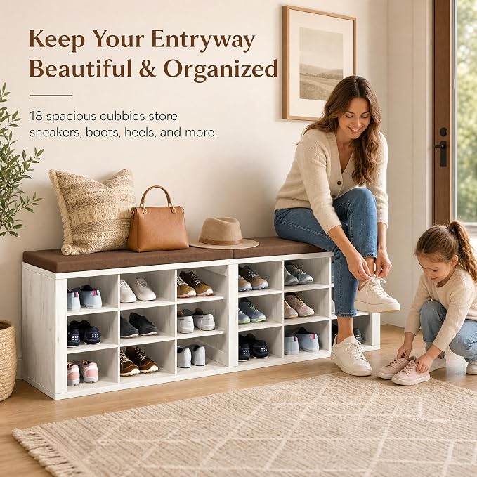 Shoe Storage Bench with Padded Seat, 18-Cubby Shoe Organizer for Entryway, 59.1" Long 700 lb Capacity, for Living Room, Bedroom, Hallway (Whiteboard with Warm Earthy Brown, Linen, Sponge)