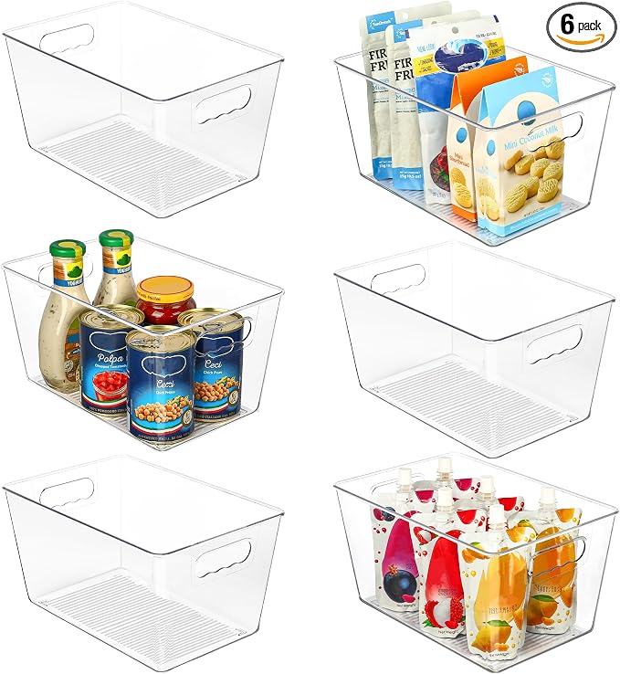 Vtopmart Clear Plastic Storage Bins, 6 PCS Pantry Organizer Bins with Handle for Refrigerator, Fridge, Cabinet, Kitchen, Countertops, Cupboard, Freezer Organization and Storage, Large
