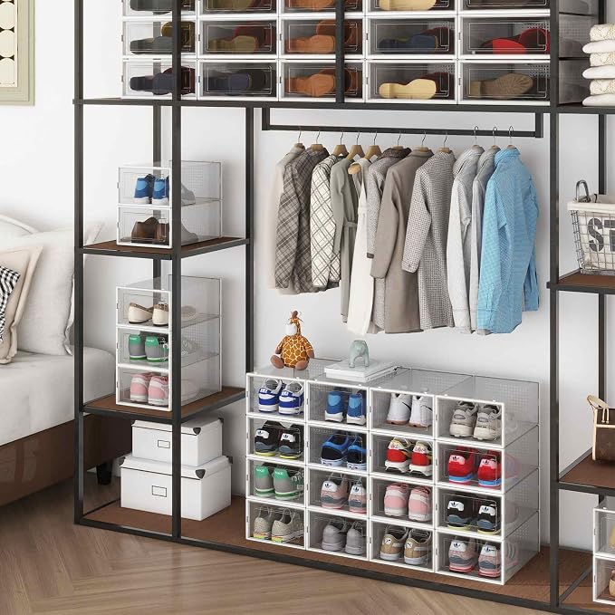 8-Piece Boot and 12-Piece Shoe Storage Box, Stackable Clear Plastic Shoe Box, Space-Saving Shoe Organizer for Boots, Sneakers, and High Heels, Clear