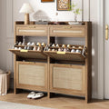 HOKYHOKY Large Rattan Shoe Storage Cabinet with 4 Flip Drawers & 2 Storages–Hidden Slim Shoe Organizer for Entryway, Large Tabletop Space, Farmhouse Boho Narrow Shoe Rack, Rustic Oak