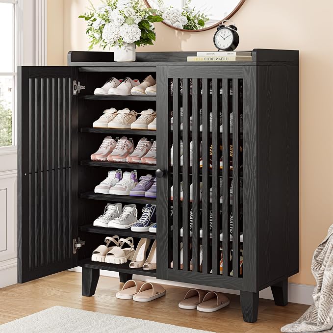 IRONCK Shoe Cabinet with Slatted Doors, 6-Tier Shoe Storage Cabinet with Adjustable Shelves, Wooden Shoe Rack Organizer for Entryway, Hallway, Closet, Living Room, Black