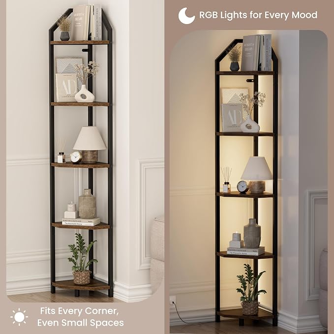 5-Tier Corner Shelf | 70 Inch Tall Bookshelf & Plant Stand, Heavy Duty Storage for Home Office & Living Room - Brown