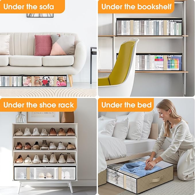 StorageRight Under Bed Storage Bags 4 Pack, 40L Large Clothes & Comforter Storage Containers with Clear Window, Breathable Fabric Organizer for Blankets, Bedding, Seasonal Clothing, Beige