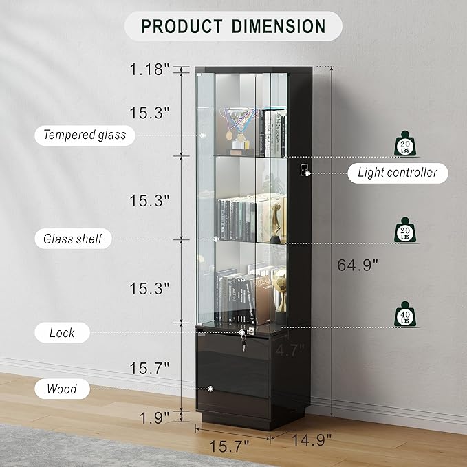 Lvifur Lockable Curio Display Cabinet with Glass Door,65" Lighted Curio Cabinet with 3 Color Lights for Collectibles,3-Tier Glass Display Case with Human Body Sensor for Living Room,Black