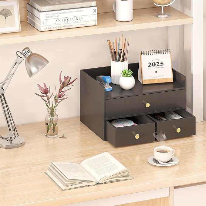 Bamboo Desk Organizer - Stackable, No Assembly Required, Ideal for Office/Home Use - Perfect for Toiletries, Stationery, Accessories. (Black, Fence three Desk Organizer)