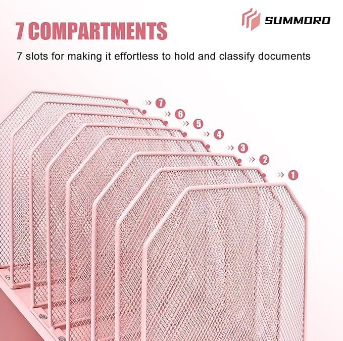 SUMMORO Inclined File Organizer for Desk, 7-Tier Vertical File Folder Holder Office Desk Organizer Metal Rack File Wire Mesh Desktop Document Sorter for Office School Classroom Home (Pink)