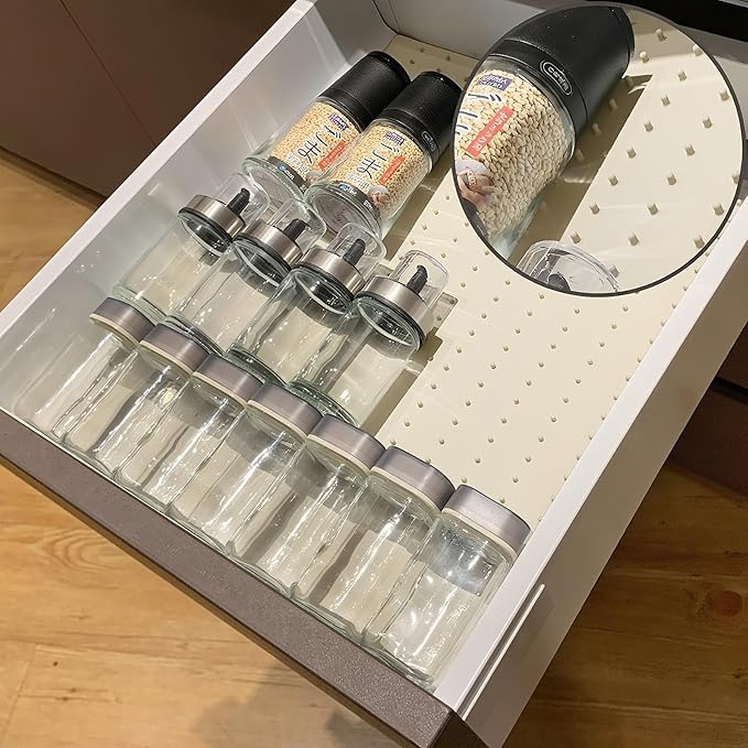 Gosmol Spice Drawer Organizer Insert - Silicone Spice Drawer Liner Pearl | Adjustable non-slip liner organizer; in-drawer spice rack for seasoning jars, spice bottles, flat kitchen drawer organizer