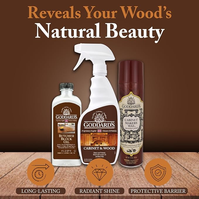 Goddard's Cabinet & Wood Wax Spray, Wood Cleaner & Furniture Polish, Wood Conditioner with Beeswax and Lemon Oil, Shine & Stain Protection, 23 oz