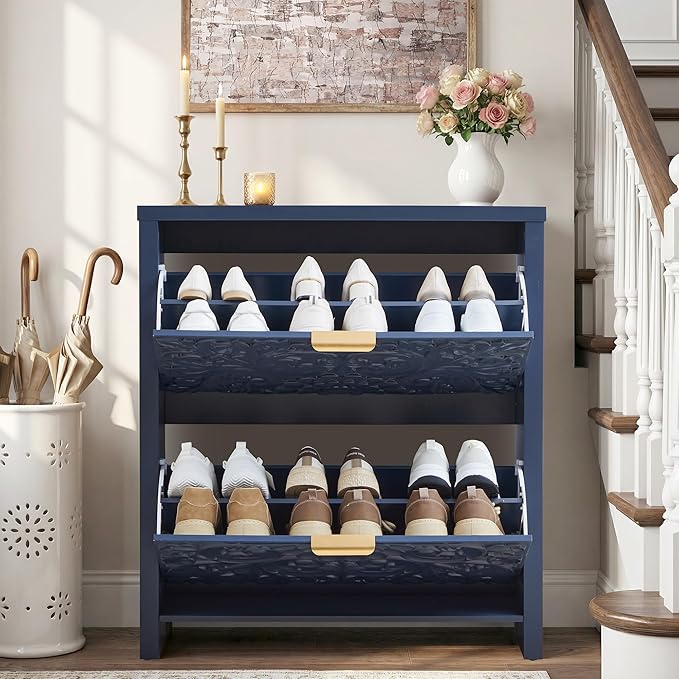 Shoe Cabinet with Flip Drawers, Narrow Shoe Storage Cabinet, 2-Tier Hidden Shoe Organizer with Carved Floral for Entryway, Mid-Century Modern Slim Shoes Storage for Hallway Foyer (1, Midnight Blue)