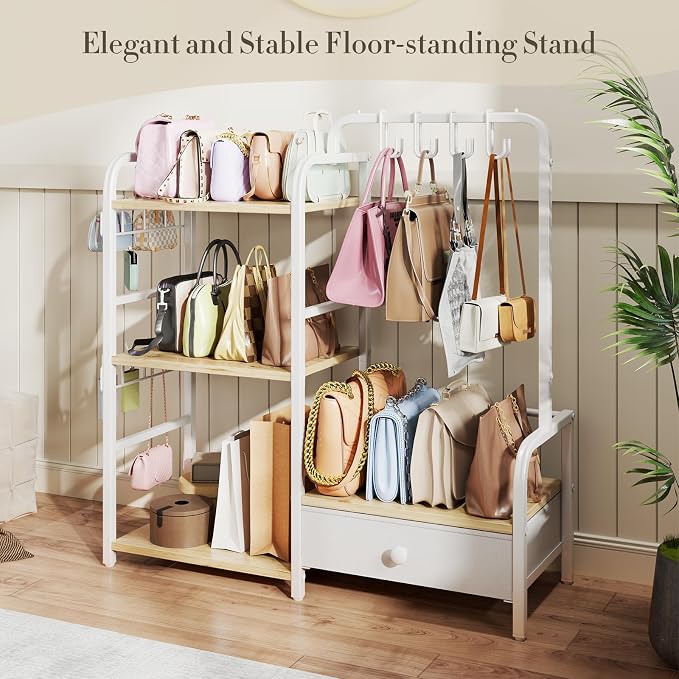 Purse Organizer for Closet, with Bottom Drawer, Extra Large Capacity 3 Tier Handbag Storage Rack for Women, 10 Purse Hanger and Hooks for Bag Organizer, Floor-Standing, Home, Living Room (Wooden)