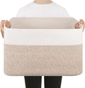 Blanket Basket, Cotton Rope Woven Storage Basket for Living Room, Toy Bin for Kids, Nursery, Baby Room Decorative Organizer, 18''×14''×12'', Brown & White