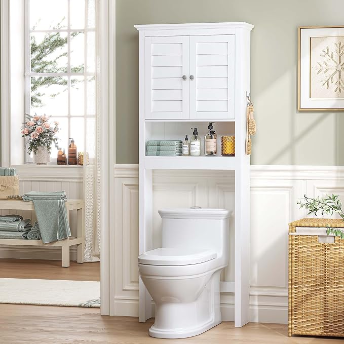 Spirich Over The Toilet Storage Cabinet with Louvered Doors & Hooks, White | Space-Saving Bathroom Organizer, Adjustable Shelf & Bottom Crossbar, 34.4-Inch Clearance, Anti-tip Device, FSC-Certified MDF