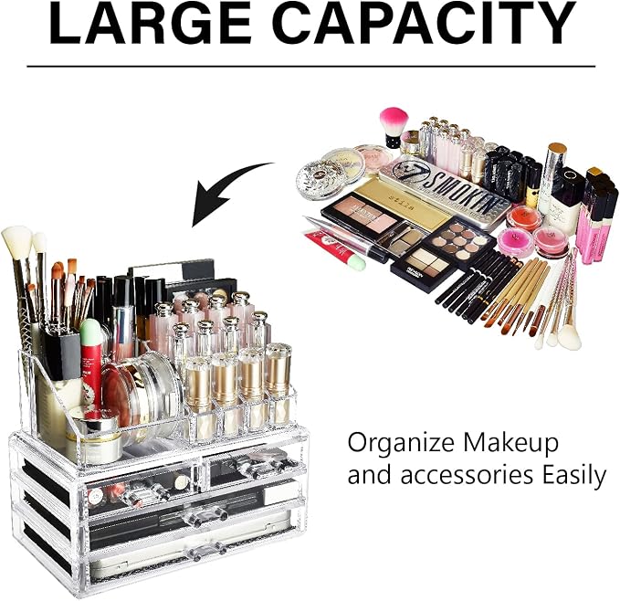 Ikee Design Acrylic Makeup Organizer with 4 Drawers and Removable Top Lipstick Holders, Ideal for Make-up or Accessories,Enhance Your Vanity or Bathroom with Clear Design for Quick Visibility
