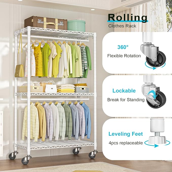 FUTASSI P3 Rolling Clothes Rack, Clothing Racks for Hanging Clothes, Heavy Duty Garment Rack with Wheels, Freestanding Portable Closet Racks 39.4'' W x 14'' D x 78.5'' H, Max Load 470 LBS, White