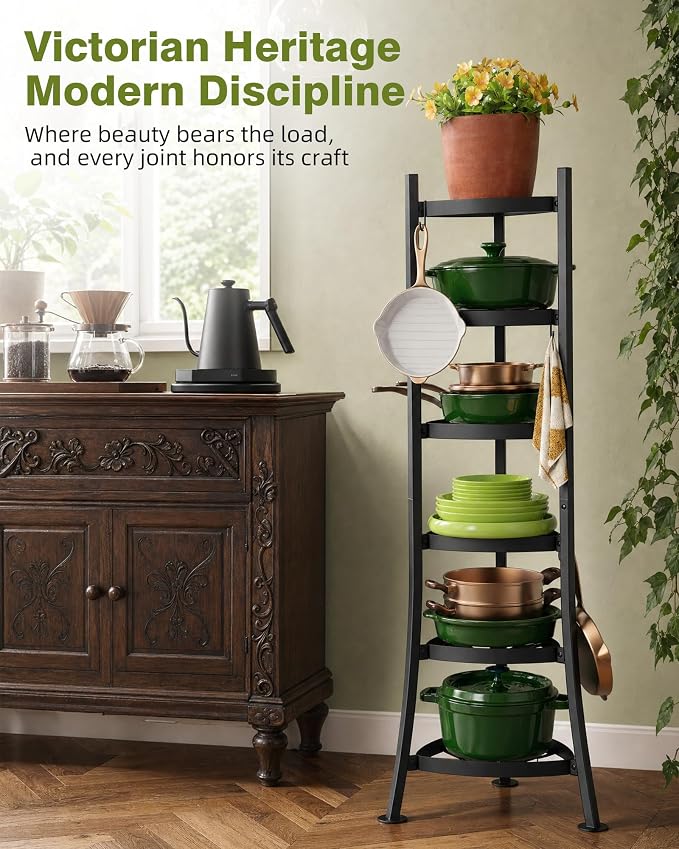6-Tier Cast Iron Freestanding Pot Rack, 264 Lbs Capacity Cookware Storage Tower with 6 Hooks, Pot and Pan Organizer for Kitchen and Dining Room, Matte Black
