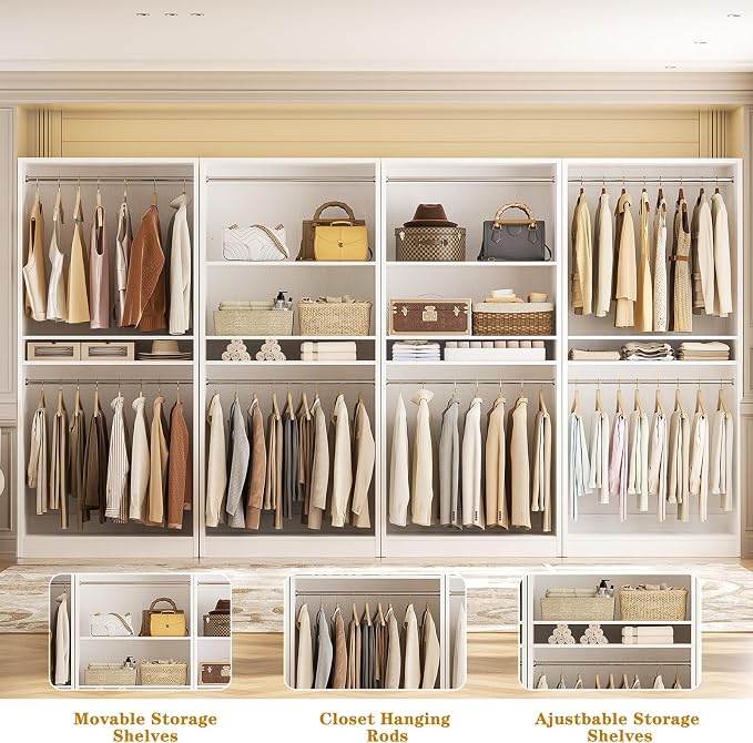 Unikito 12FT Modular Closet System with 8 Hanging Rods, 2800LBs Wood Garment Rack, 4-Pieces Ultra-Wide Walk-in Closet Organizer, Freestanding Clothing Shelves, White