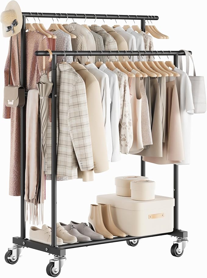 Calmootey Rolling Garment Rack with 2 Rods, Clothes Organizer for Bedroom | High-Low Rods, Two Lockable Wheels, Sturdy Metal Frame, Space-Saving, Fits Laundry, Living Room, Black