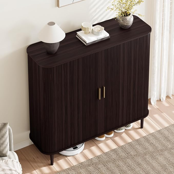 DHH Shoe Storage Cabinet with Sliding Door, 6-Tier Shoe Cabinet with Adjustable Shelves, Modern Freestanding Shoe Storage Organizer for Entryway, Hallway, Living Room (Dark Walnut, 47 ")