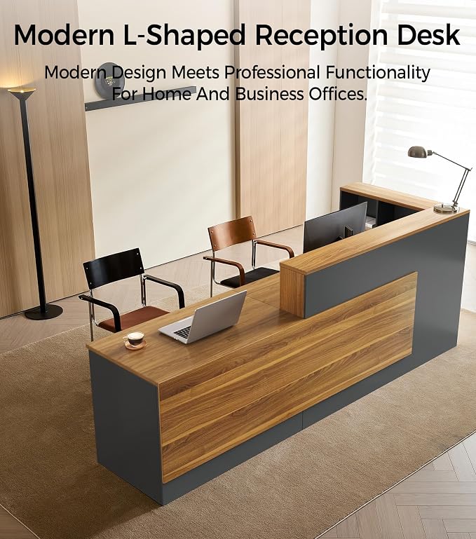 Modern L-Shaped Reception Desk with Counter - 87 inch Front Desk with Storage Cabinet, Open Shelves, Lockable Drawer & Keyboard Tray for Office, Lobby, Checkout (Dark Walnut & Iron Gray - Left)