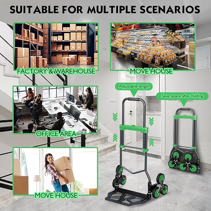Heavy-Duty 330LB Capacity Hand Truck with Stair-Climbing Wheels & One-Touch Retractable Handle - Q235 Steel Collapsible Dolly Cart, 4.2-Inch Triple Wheels, Elastic Strap & Sponge Grip (Green)