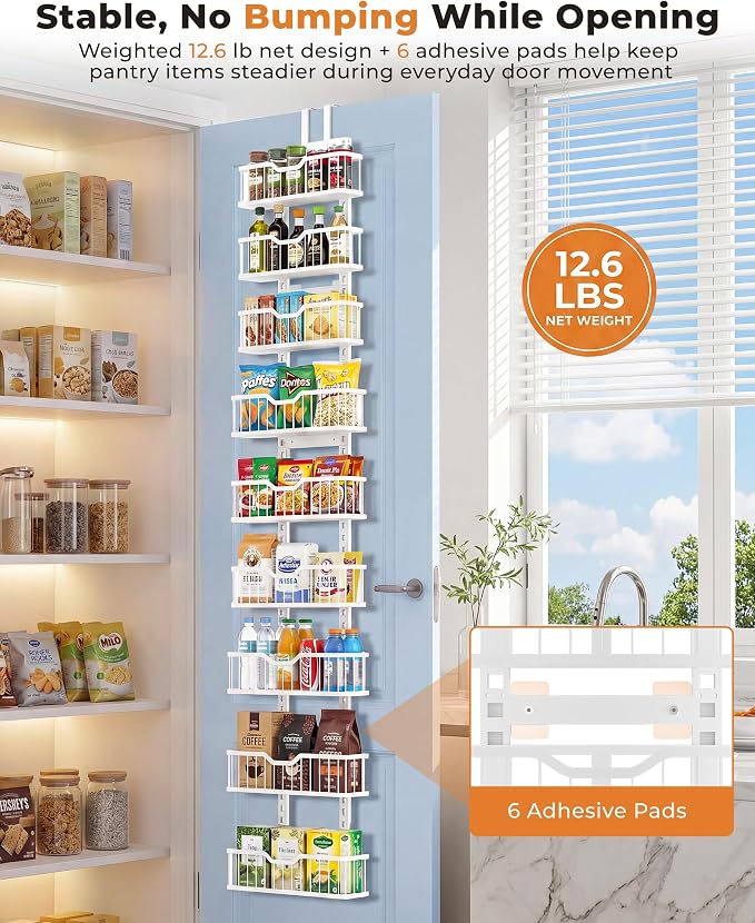 EVERIE Over the Door Pantry Organizer, 9-Tier Heavy Duty Door Storage Rack with Solid Bottom Baskets, Stable No-Bumping Design, Adjustable Hanging Shelves for Kitchen Pantry