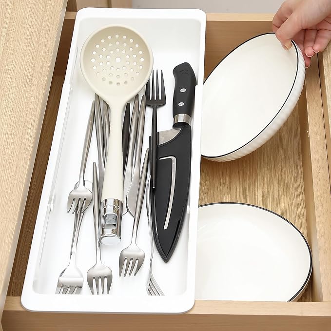 2 Pack Deep Drawer Organizer Adjustable Storage Bin(17.4-27.6") | Adjustable Width Design, Maximize Drawer Storage, Kitchen & Home Organization Solution