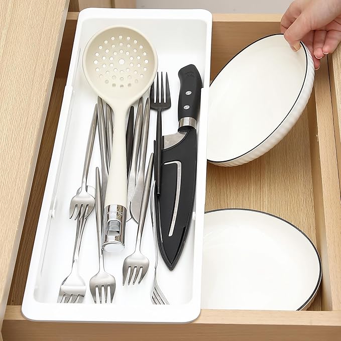 1 Pack Deep Drawer Organizer Adjustable Storage Bin(17.4-27.6") | Adjustable Width Design, Maximize Drawer Storage, Kitchen & Home Organization Solution