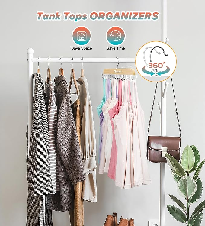Gomyrod Bra Hanger for Closet, Tank Top Hangers 2 Pack w/20 Hooks Holds 40 Bras, Capacity Foldable Wood Space Saving Hanger, 360°Rotating Closet Organizers and Storage for Dorm & Apartment | Premium Wood Space Saving Hanger, 360°Rotating Closet Organiz...