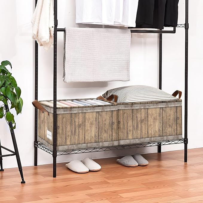 Rust Light Brown Wood Grain Storage Basket Foldable Cube Storage Bins with Handles&Label Collapsible Organizer Box Bin Large Rectangle Decorative Baskets for Shelves Home Living Room Closet